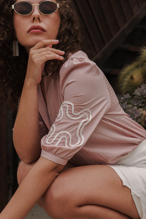 Dolly 3/4 Sleeve Embroidered Abstract Top Pink