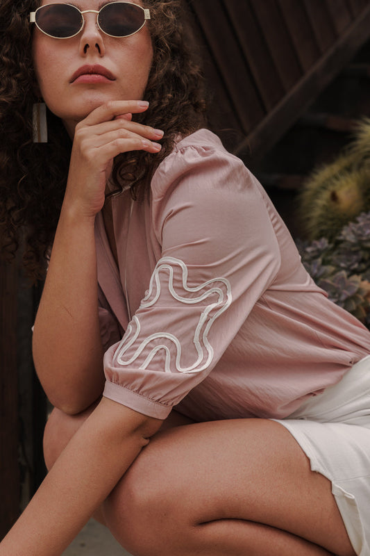 Dolly 3/4 Sleeve Embroidered Abstract Top Pink