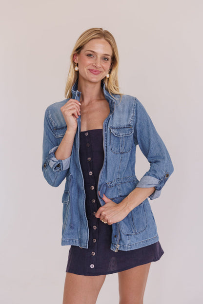 Loila Long Sleeve Oversized Cargo Denim Jacket Medium Wash