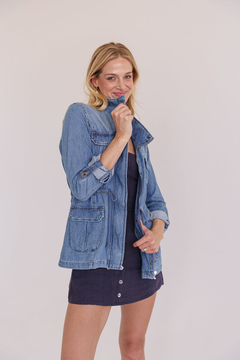 Loila Long Sleeve Oversized Cargo Denim Jacket Medium Wash