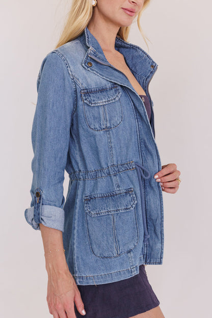 Loila Long Sleeve Oversized Cargo Denim Jacket Medium Wash