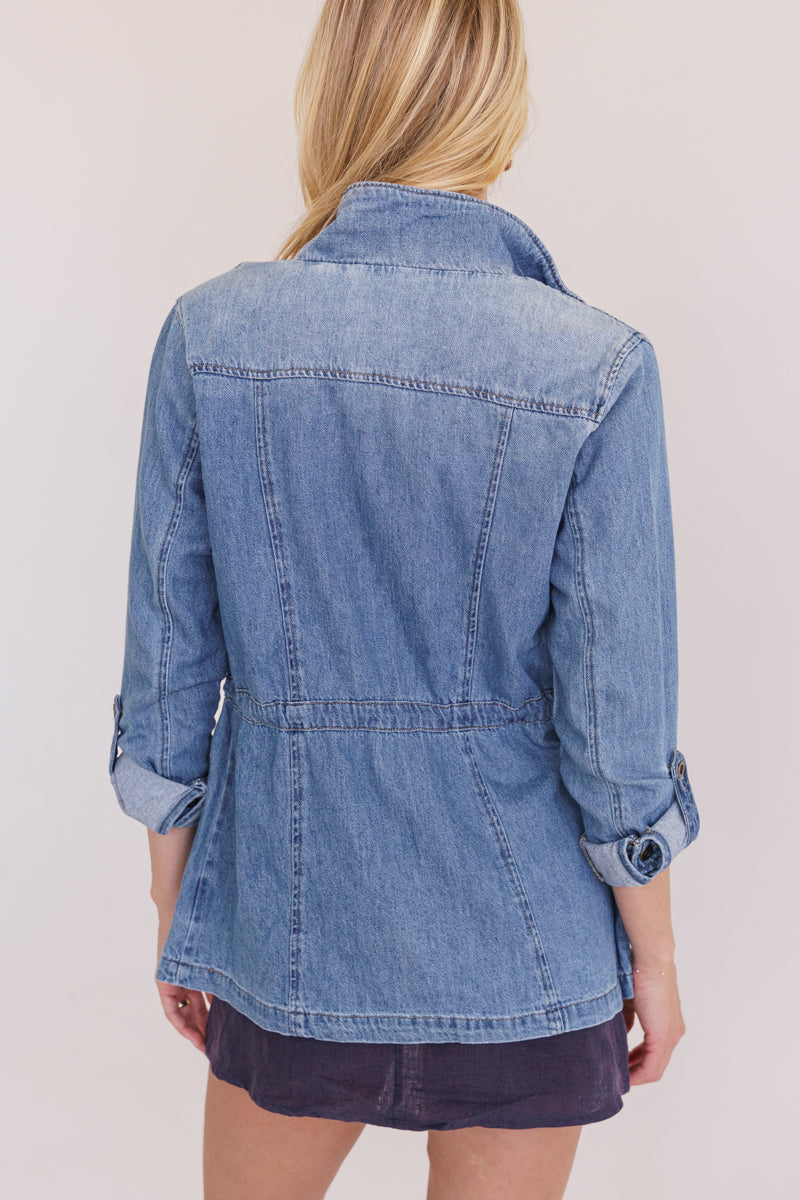 Loila Long Sleeve Oversized Cargo Denim Jacket Medium Wash