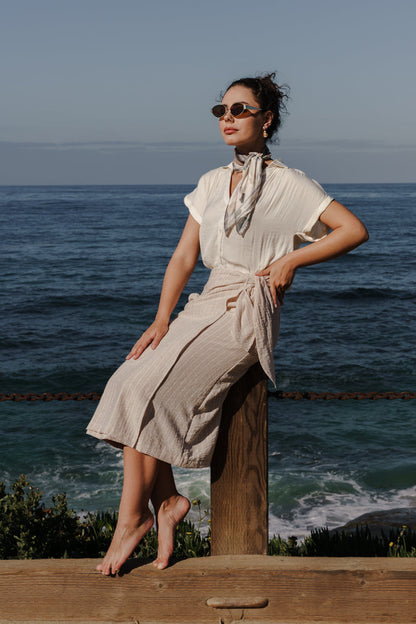 Callie Short Sleeve Button Down Top Beige
