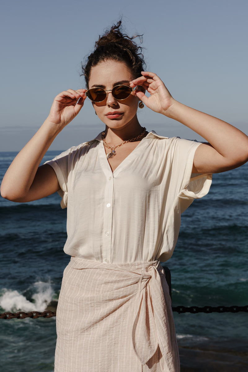 Callie Short Sleeve Button Down Top Beige