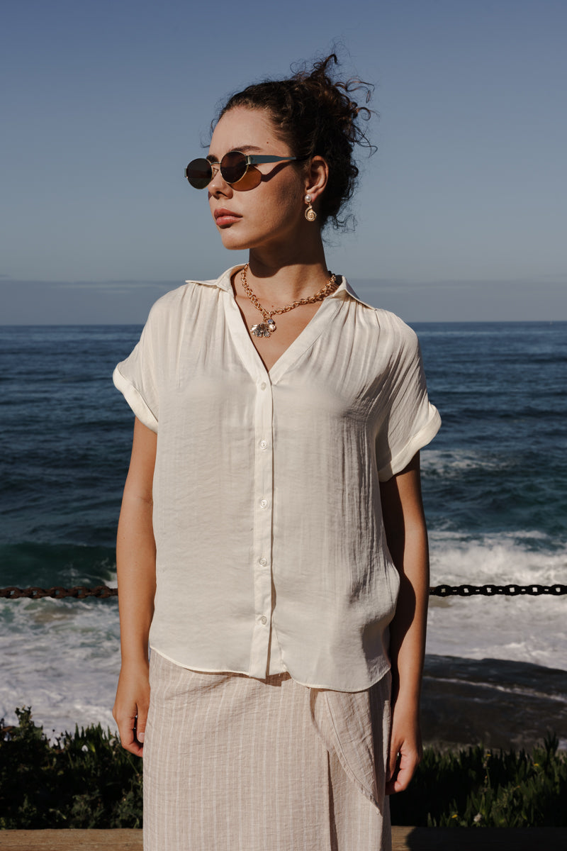 Callie Short Sleeve Button Down Top Beige
