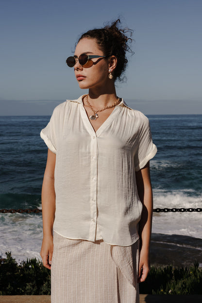 Callie Short Sleeve Button Down Top Beige