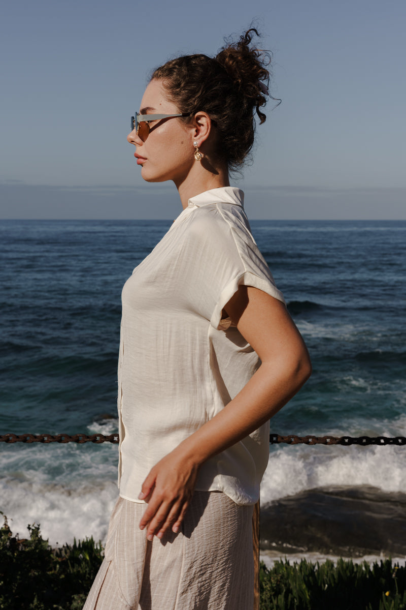 Callie Short Sleeve Button Down Top Beige