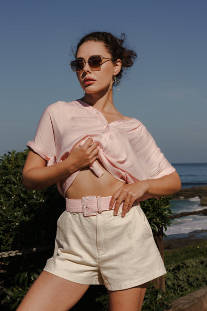 Savannah Large Square Marbled Buckle Straw Belt Pink
