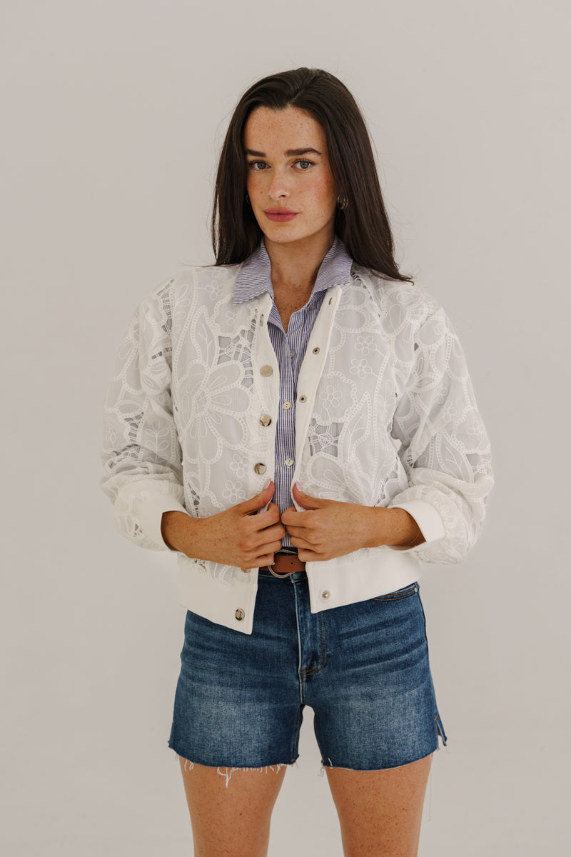 Tida Long Sleeve Floral Lace Bomber Jacket White