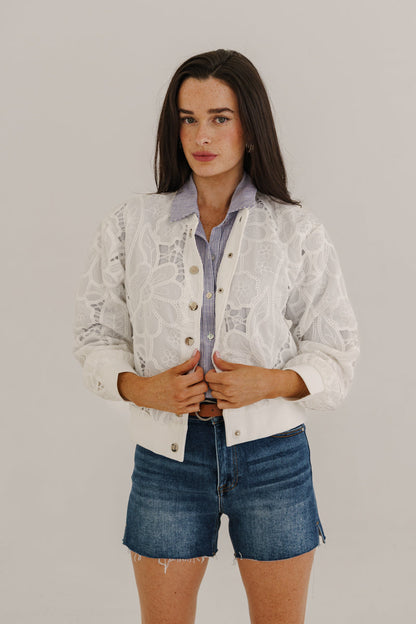 Tida Long Sleeve Floral Lace Bomber Jacket White