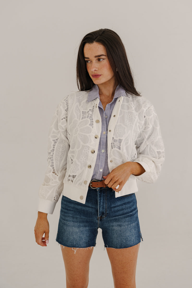 Tida Long Sleeve Floral Lace Bomber Jacket White