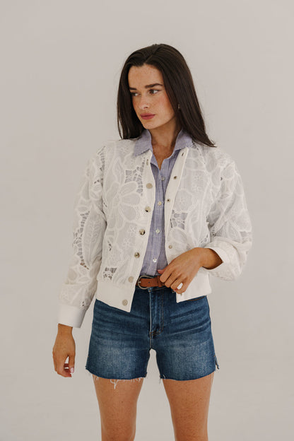 Tida Long Sleeve Floral Lace Bomber Jacket White
