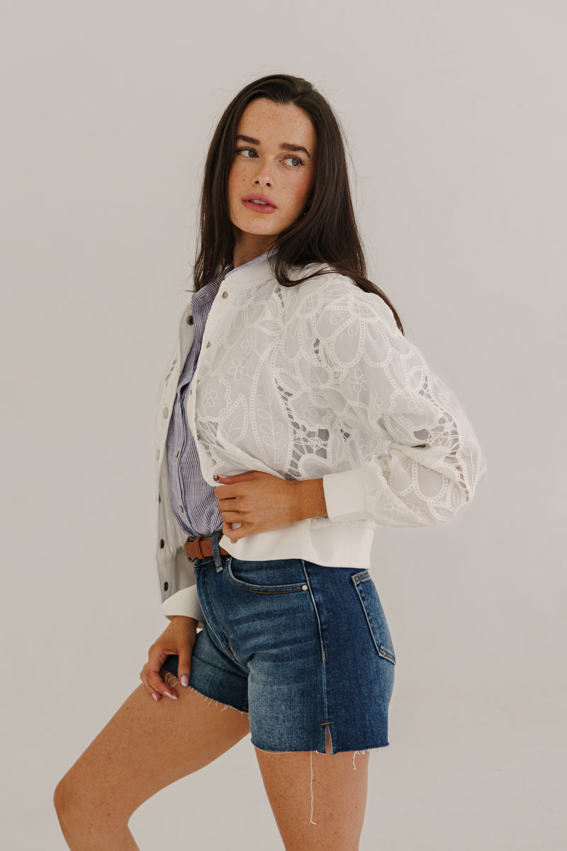 Tida Long Sleeve Floral Lace Bomber Jacket White