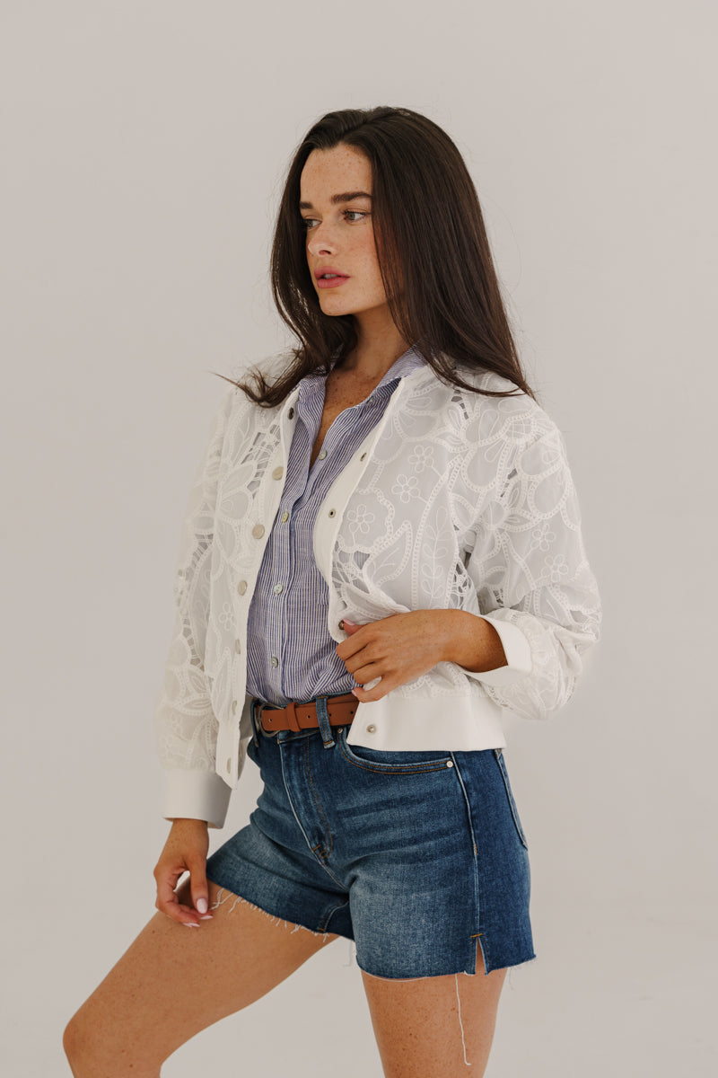 Tida Long Sleeve Floral Lace Bomber Jacket White