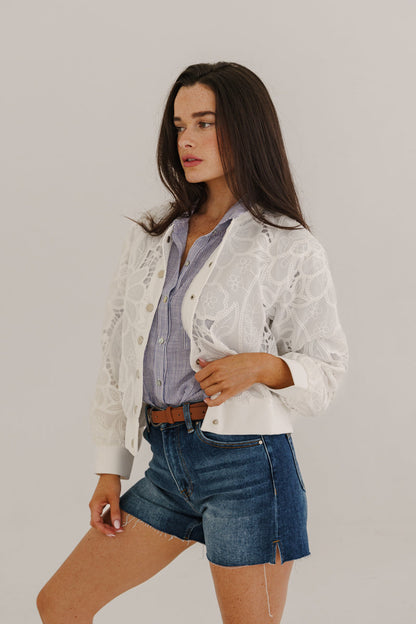 Tida Long Sleeve Floral Lace Bomber Jacket White