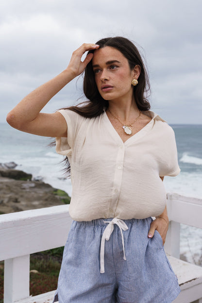 Callie Short Sleeve Button Down Top Beige