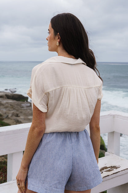 Callie Short Sleeve Button Down Top Beige