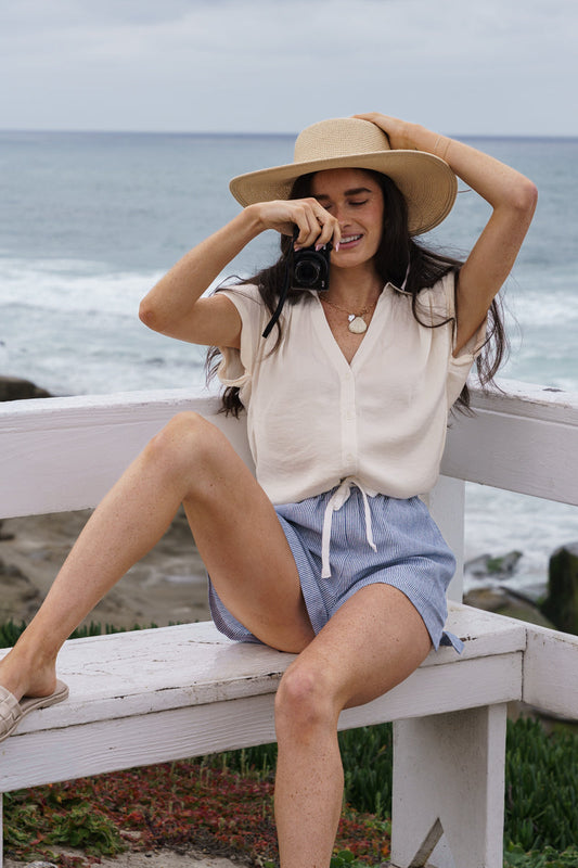 Callie Short Sleeve Button Down Top Beige