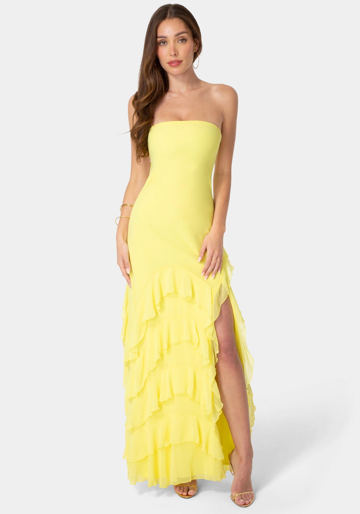 Strapless Cascade Ruffle Chiffon Maxi Dress
