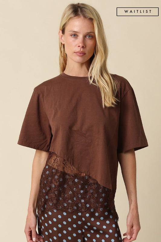 Waitlist 8/5 • Portia Short Sleeve Asymmetrical Lace Top Brown