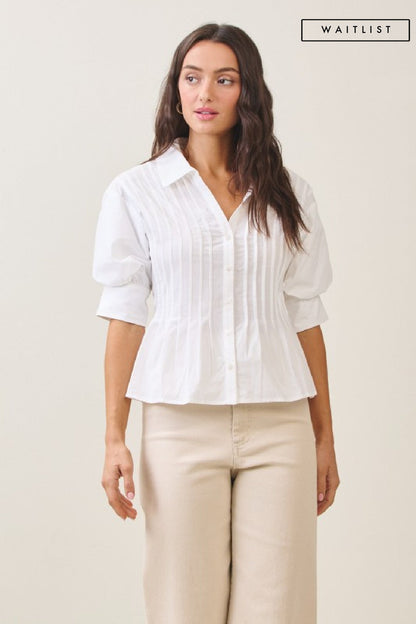 Waitlist 7/1 • Veda Short Puff Sleeve Button Down Pintuck Top Ivory