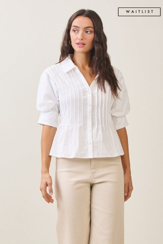Waitlist 7/1 • Veda Short Puff Sleeve Button Down Pintuck Top Ivory