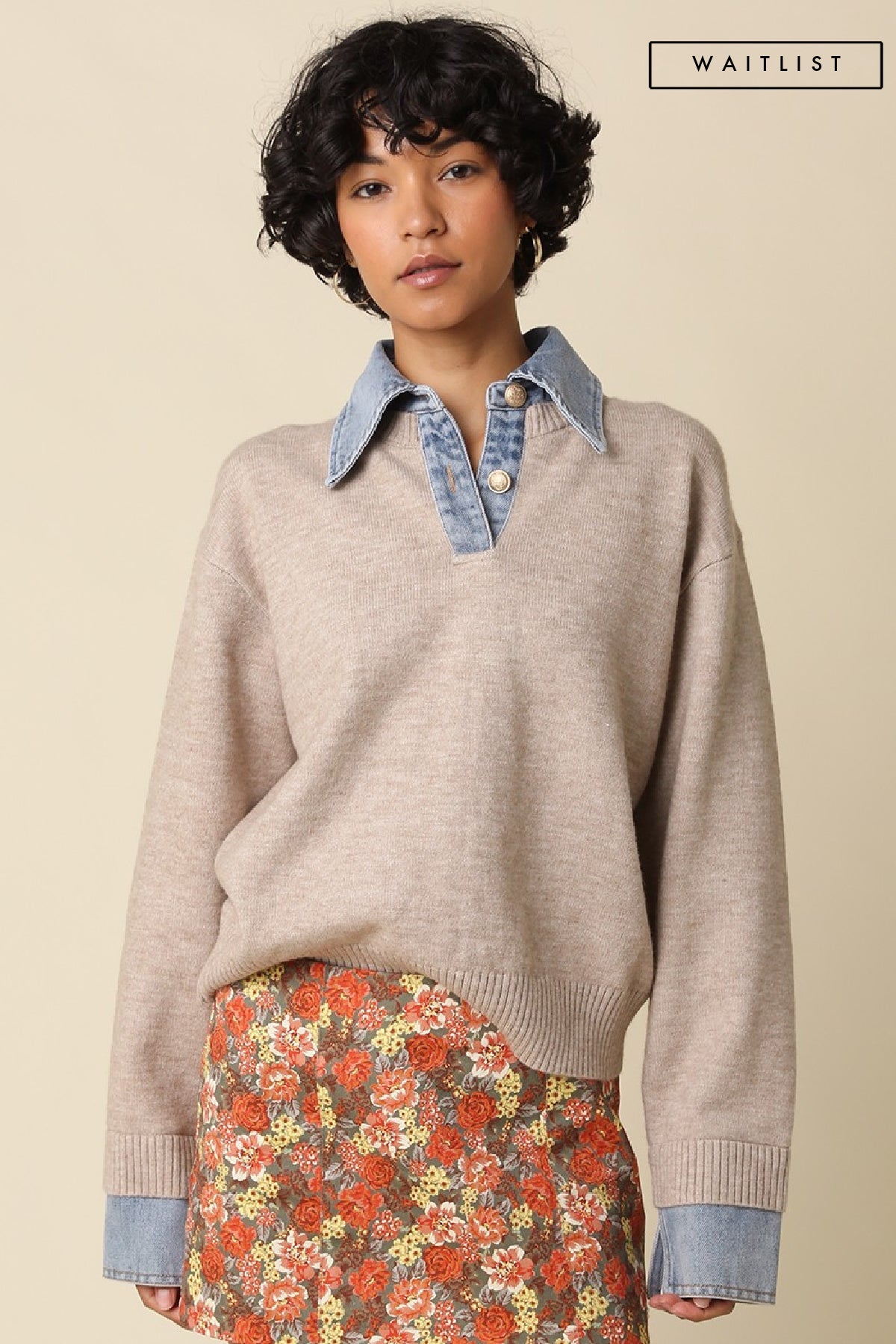 Waitlist 8/20 • Addy Long Sleeve Contrast Denim Knit Top Khaki