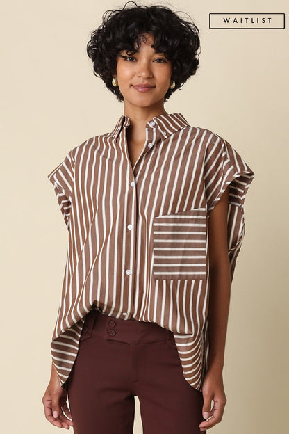 Waitlist 7/20 • Shelby Short Sleeve Button Down Stripe Print Top Brown