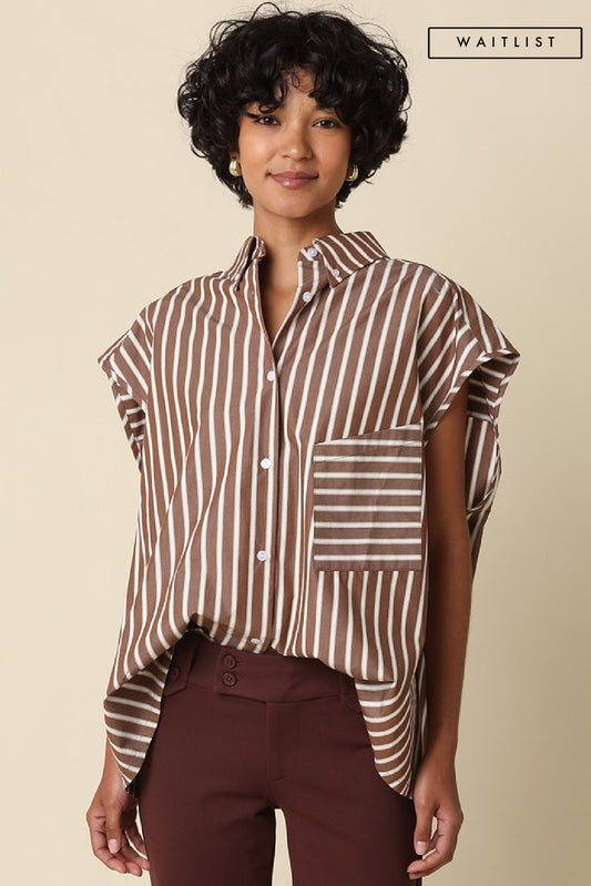 Waitlist 7/20 • Shelby Short Sleeve Button Down Stripe Print Top Brown
