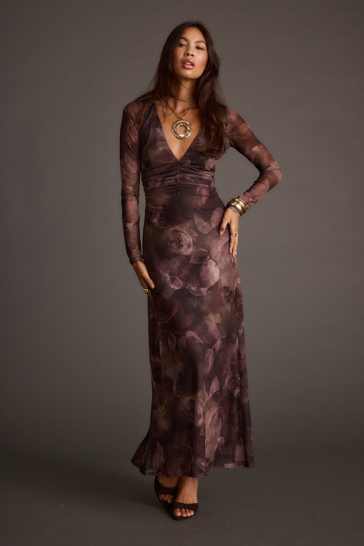 Kristin Plum Blur Mesh Maxi Dress