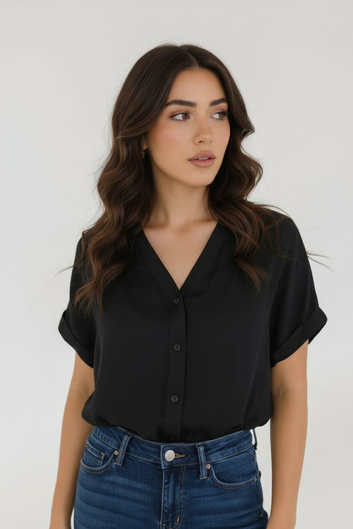 Callie Short Sleeve Button Down Top Black