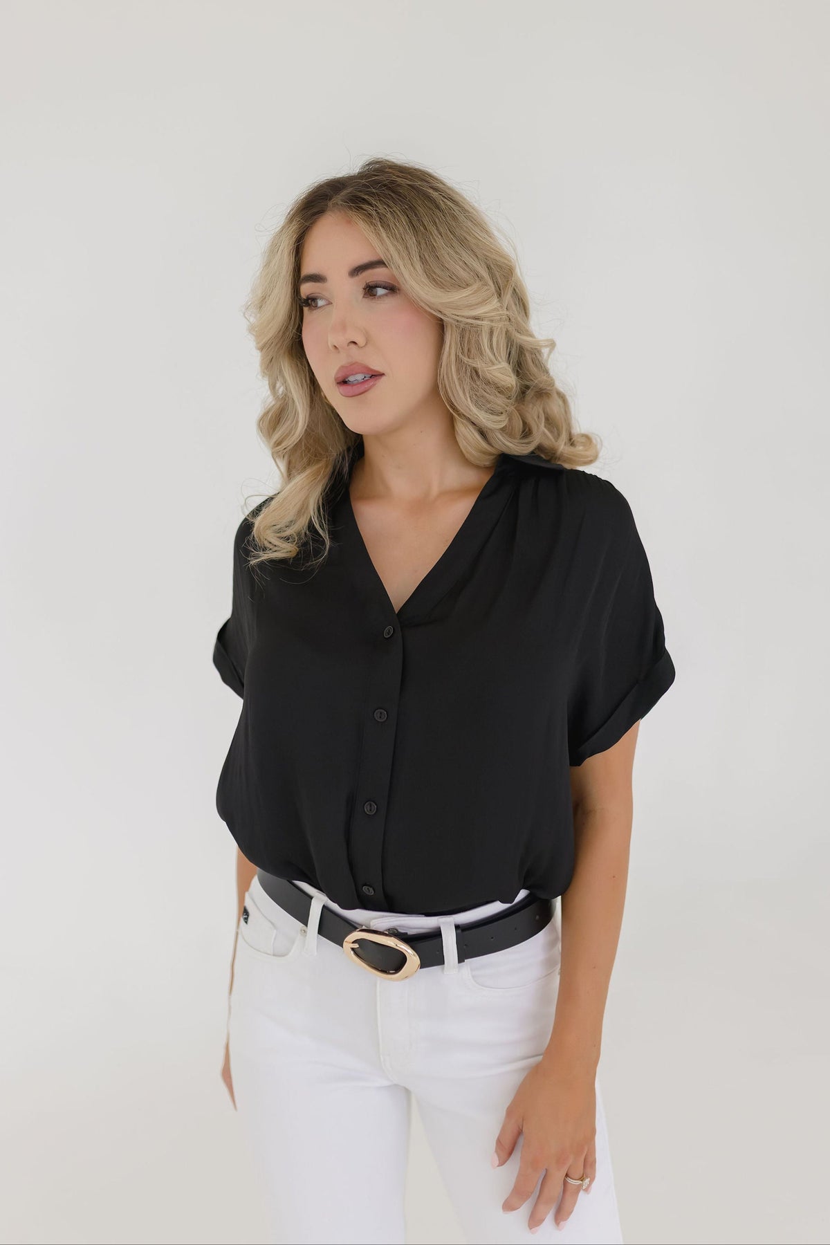Callie Short Sleeve Button Down Top Black