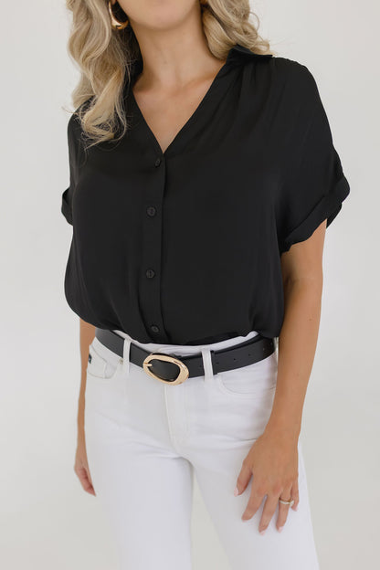 Callie Short Sleeve Button Down Top Black