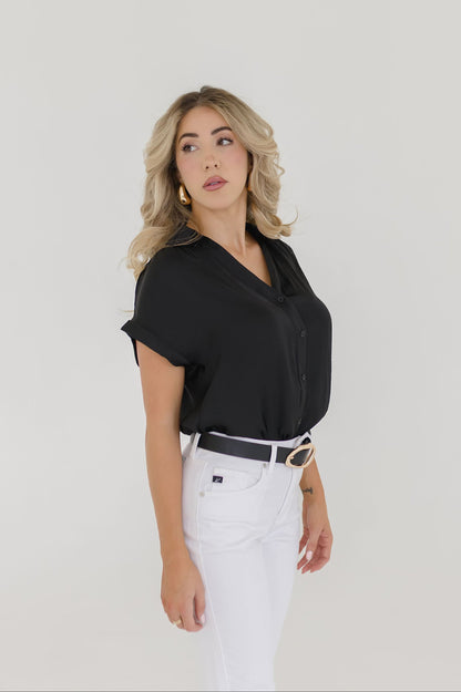 Callie Short Sleeve Button Down Top Black