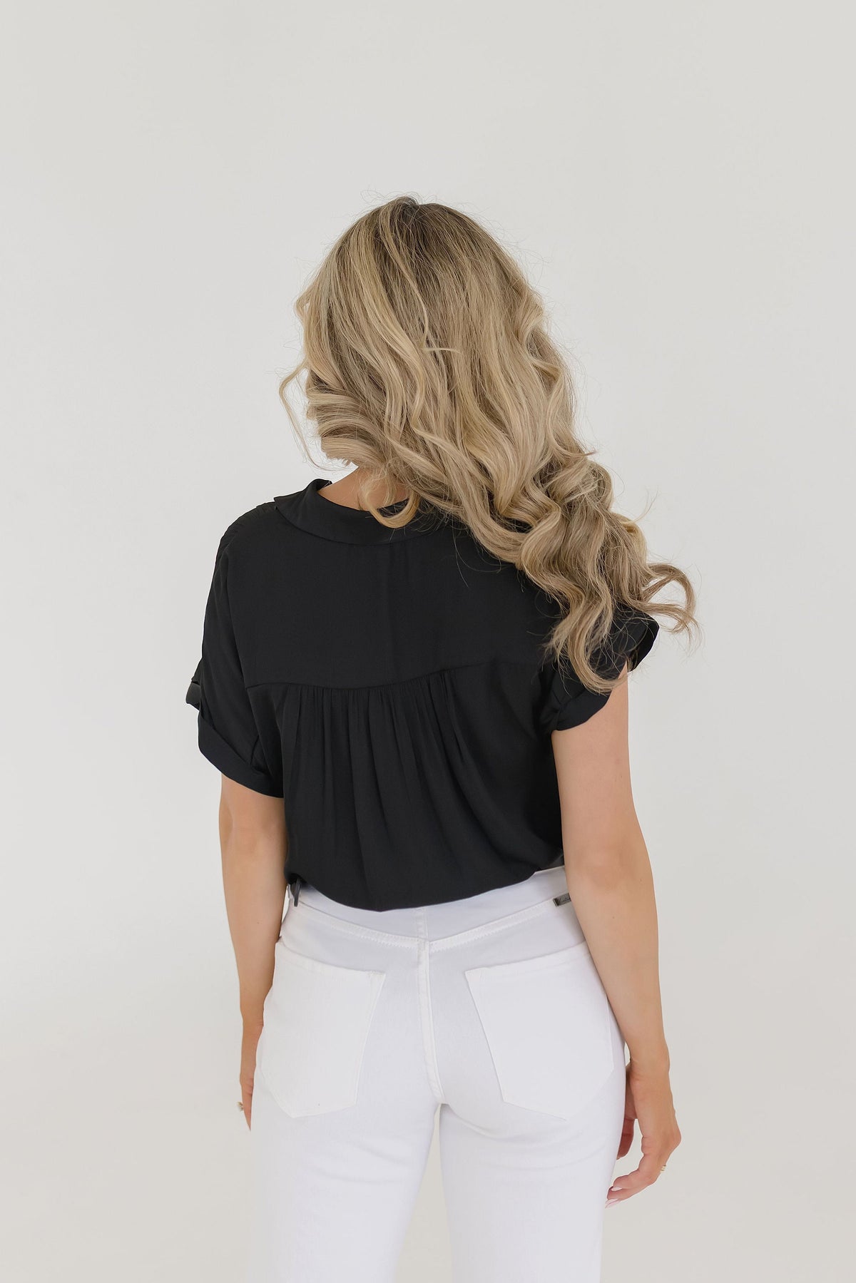 Callie Short Sleeve Button Down Top Black
