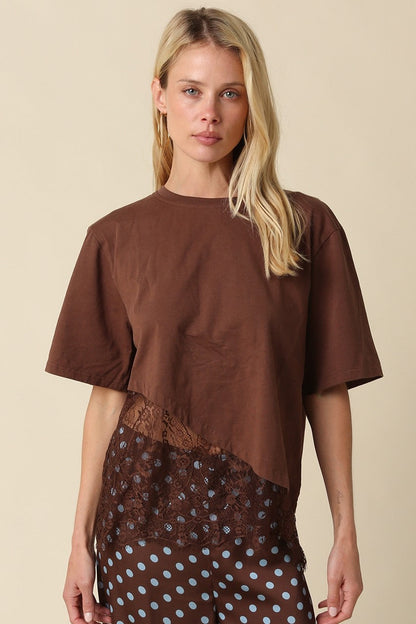 Waitlist 8/5 • Portia Short Sleeve Asymmetrical Lace Top Brown