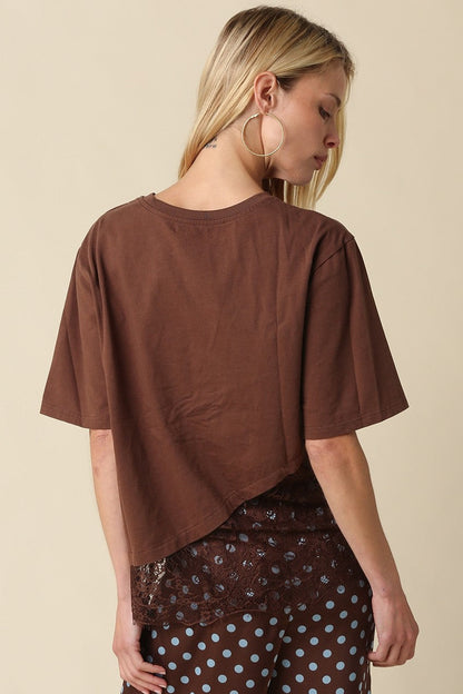 Waitlist 8/5 • Portia Short Sleeve Asymmetrical Lace Top Brown