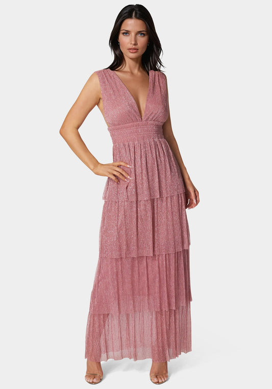 Tiered Plunge Neck Lurex Midi Dress