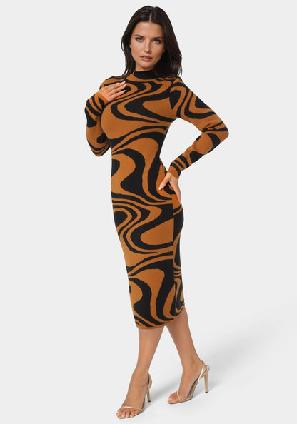 Jacquard Funnel Midi Sweater Dress