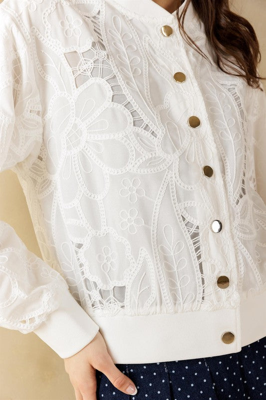 Tida Long Sleeve Floral Lace Bomber Jacket White