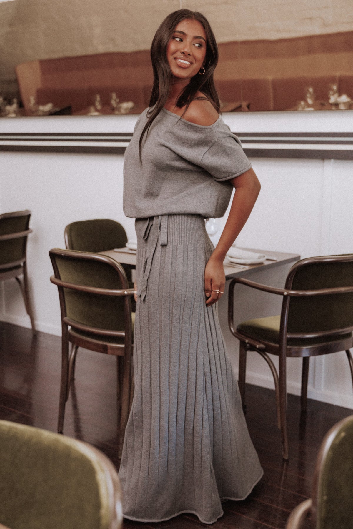 Arnie Off Shoulder Midi Dress - Charcoal Grey
