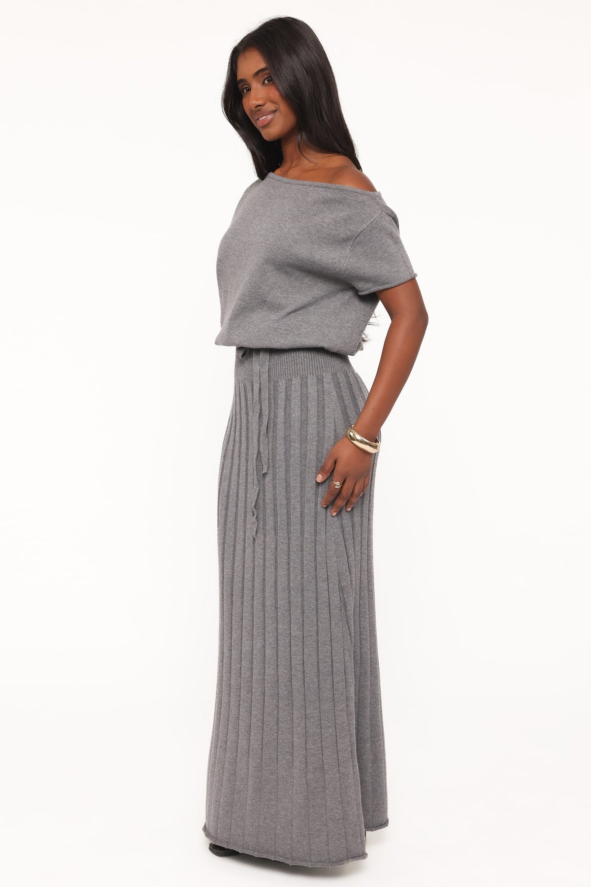 Arnie Off Shoulder Midi Dress - Charcoal Grey