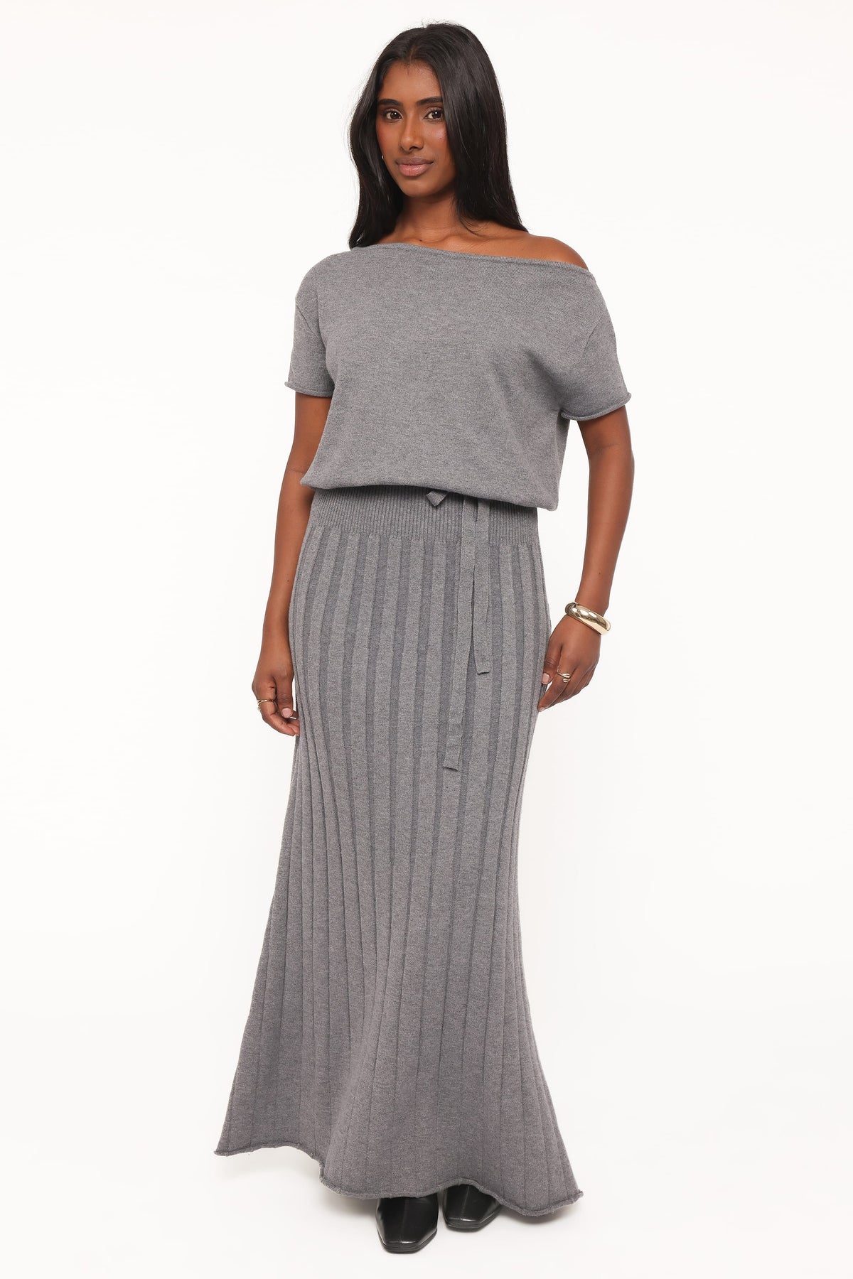 Arnie Off Shoulder Midi Dress - Charcoal Grey