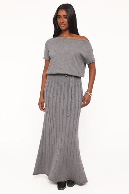 Arnie Off Shoulder Midi Dress - Charcoal Grey