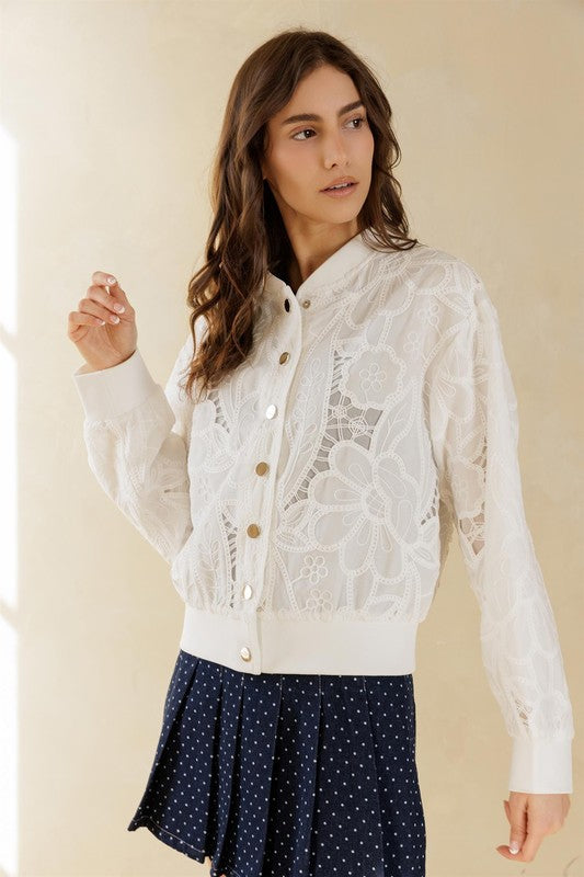 Tida Long Sleeve Floral Lace Bomber Jacket White