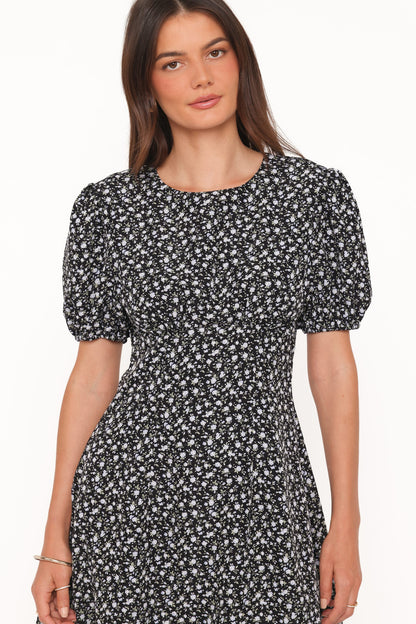 Carmina Mini Dress - Black Ditsy Floral