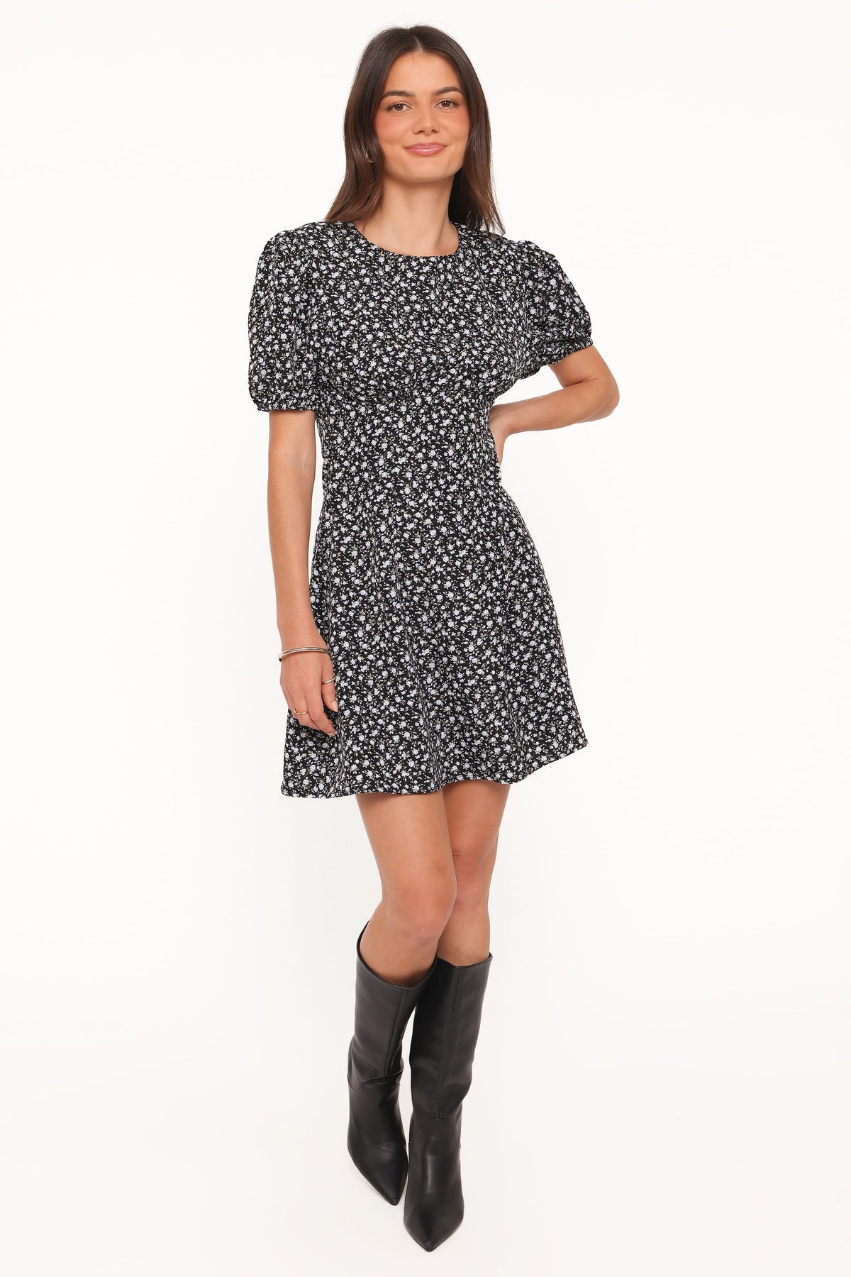 Carmina Mini Dress - Black Ditsy Floral