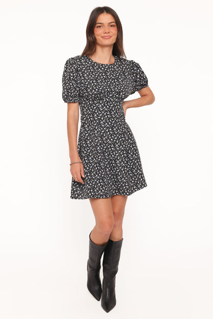 Carmina Mini Dress - Black Ditsy Floral
