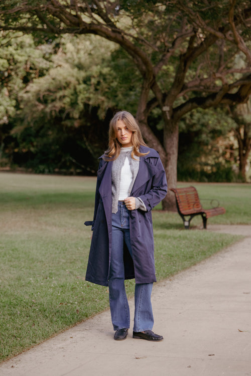 Billy Button Front Trench Coat - Navy