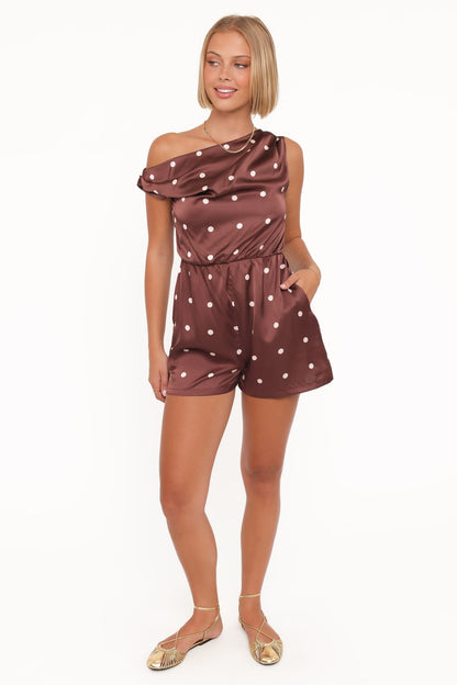 Cassidy One Shoulder Playsuit - Brown Polka Dot